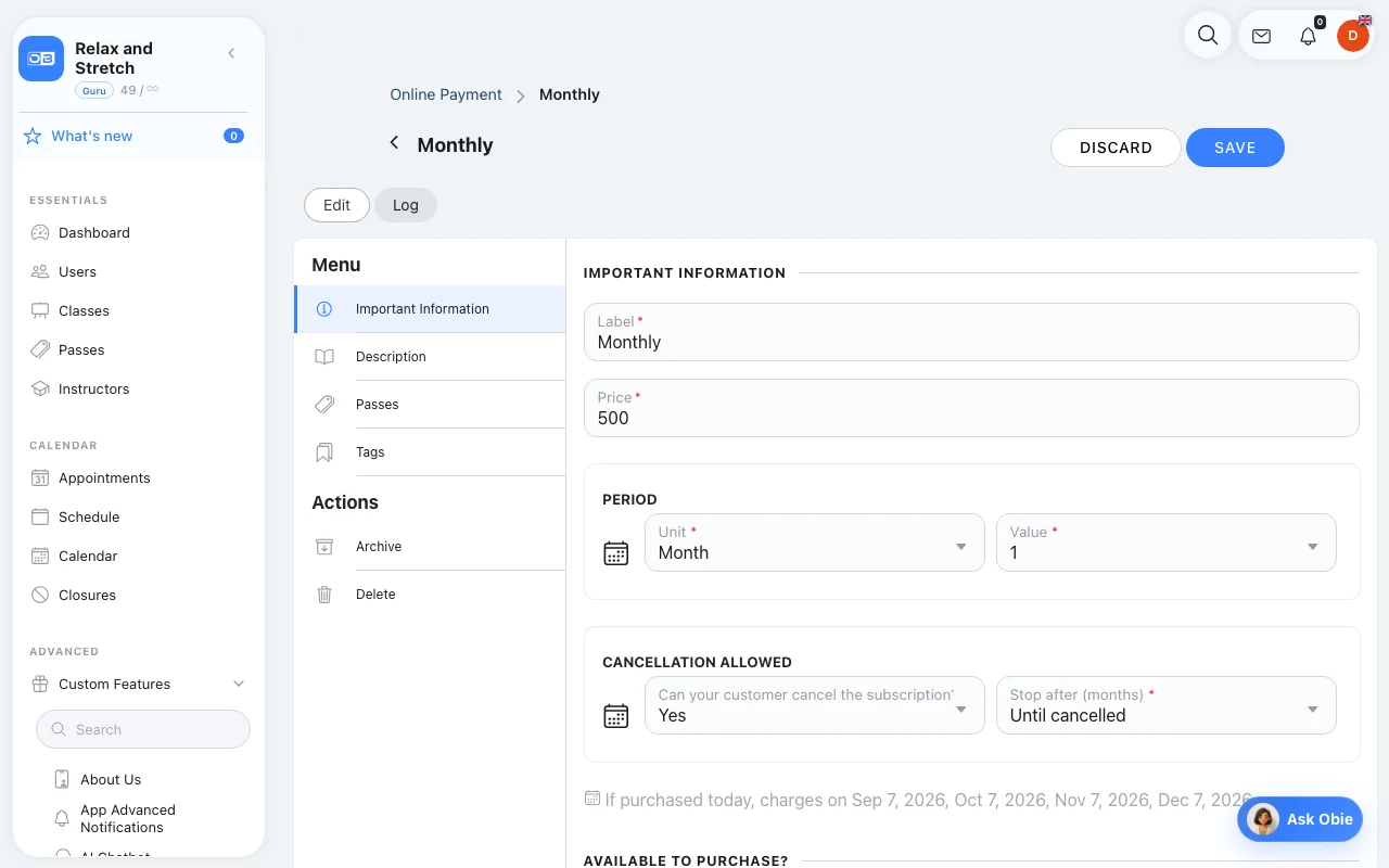 Offer a monthly starting point in Omcean Booking