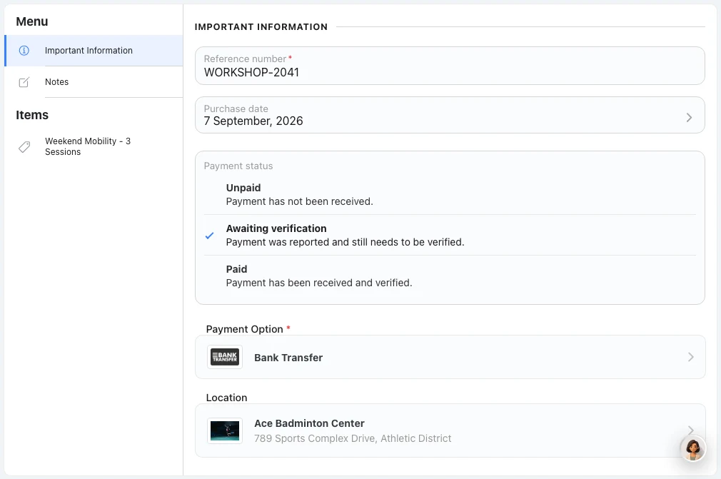 Check a workshop bank transfer in Omcean Booking