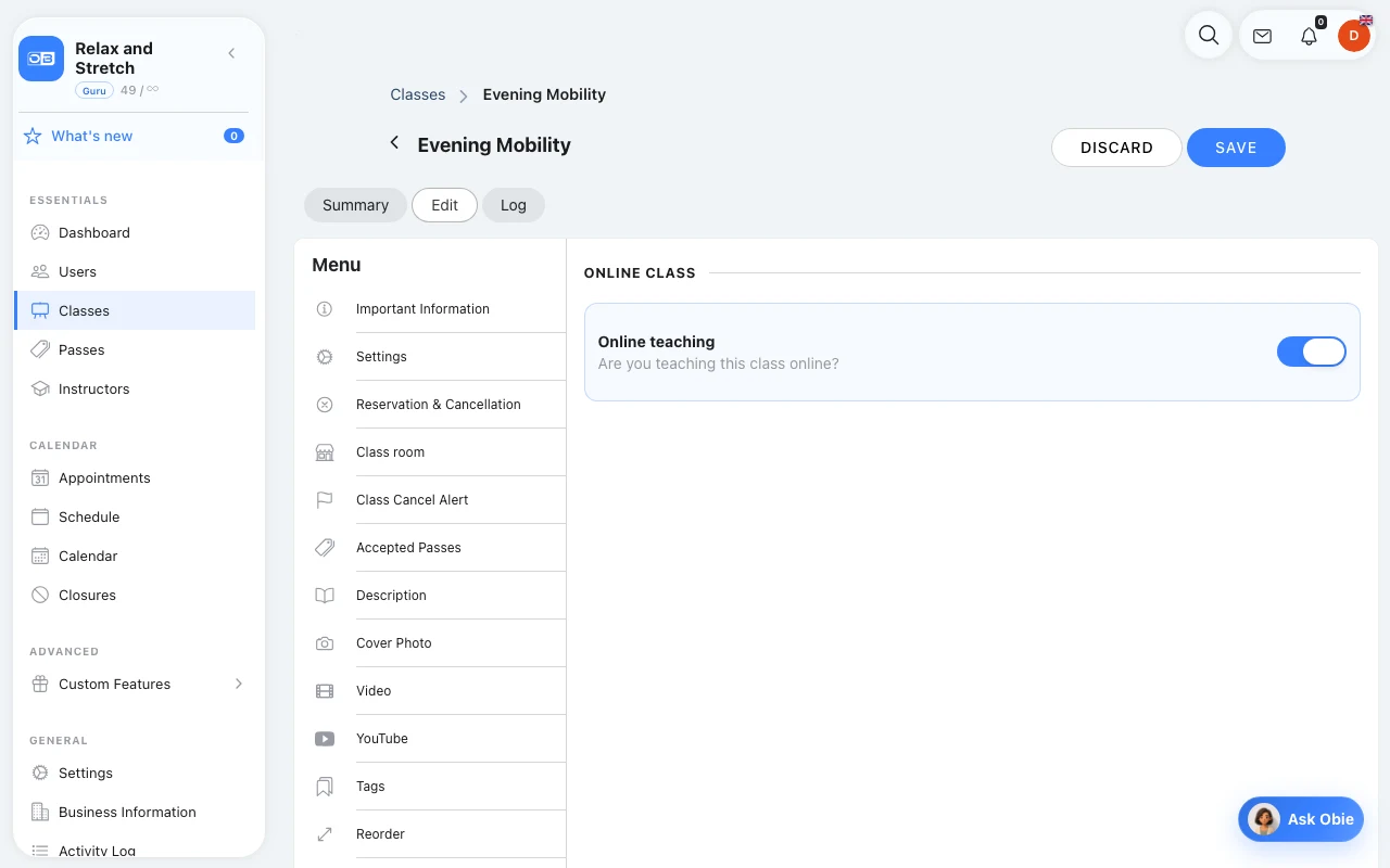 Mark the class that will run online in Omcean Booking