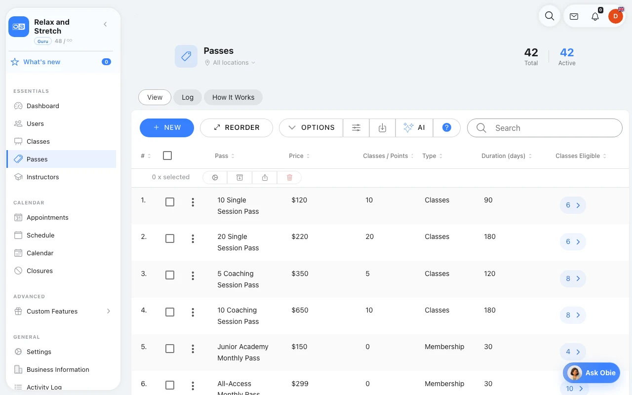Passes & Credit Packs in Omcean Booking
