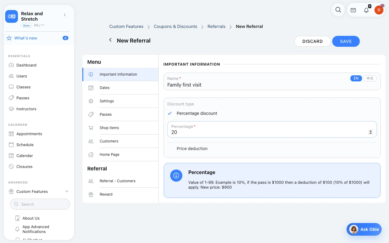 Create a separate family invitation in Omcean Booking
