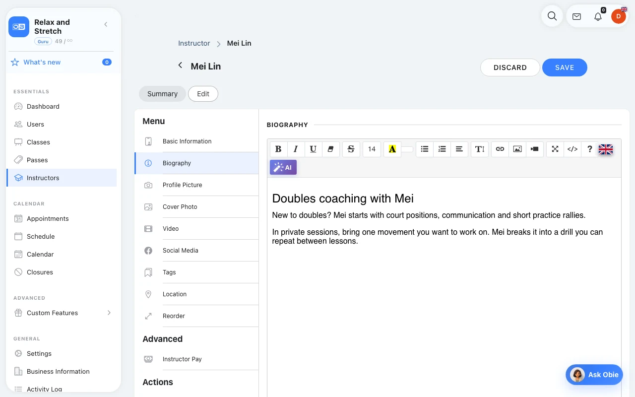 Explain what a lesson with Mei involves in Omcean Booking