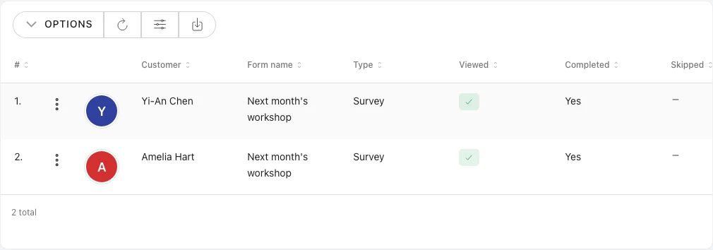 Track replies to a different question in Omcean Booking
