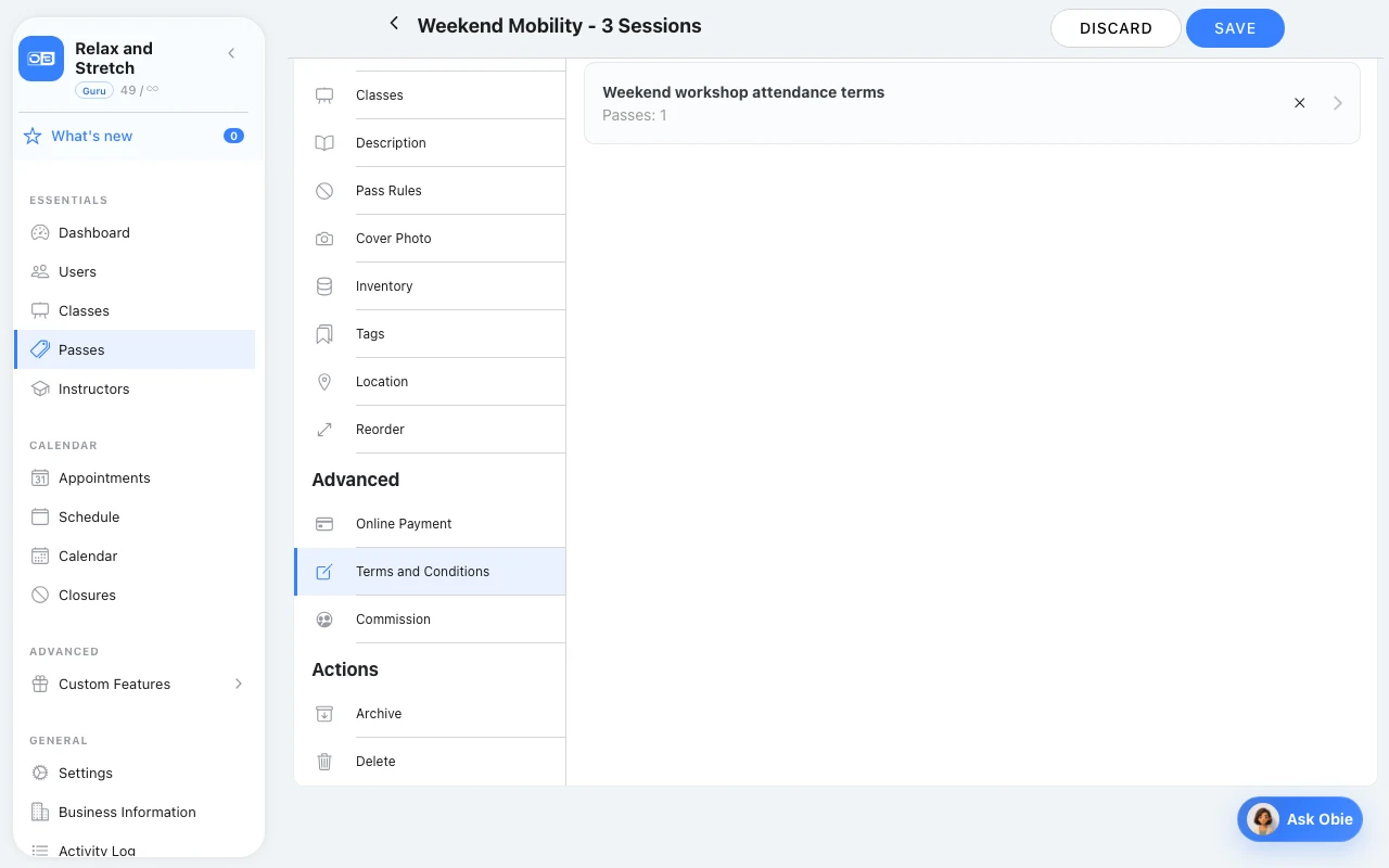 Use separate terms for a workshop in Omcean Booking