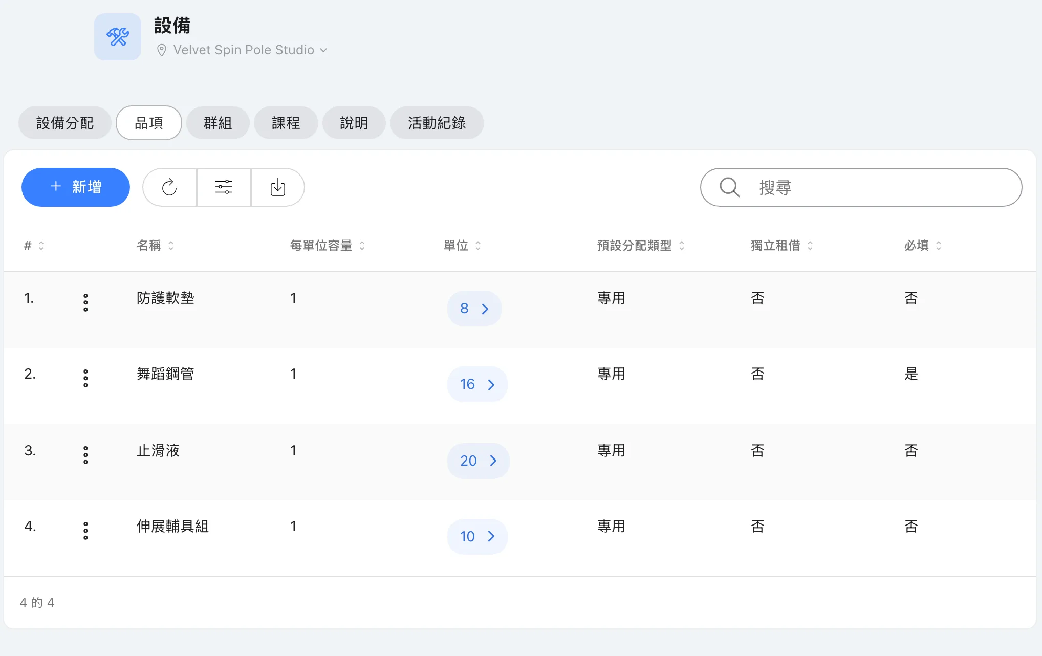 Velvet Spin Pole Studio：十六支舞蹈鋼管（必要），以及防護軟墊、伸展輔具組與止滑液。