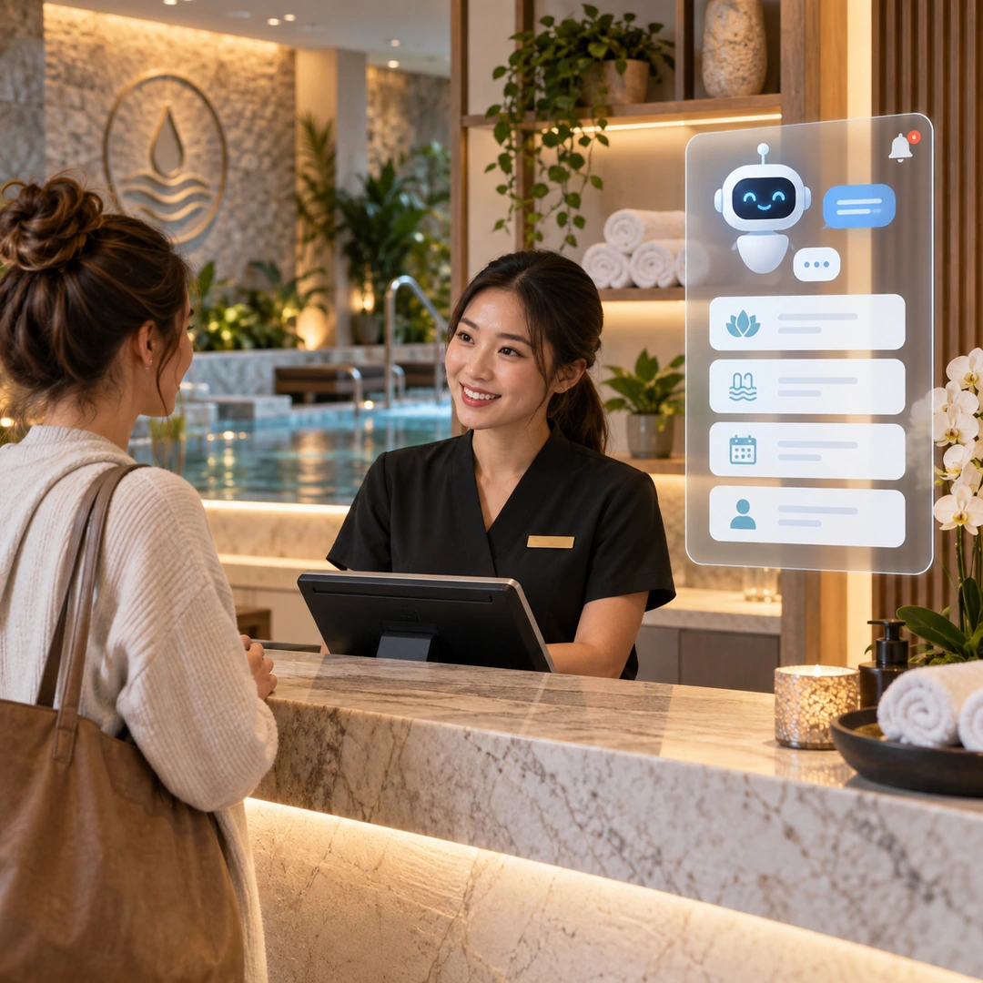 A receptionist greeting a customer at a wellness centre counter, with a chat assistant panel alongside