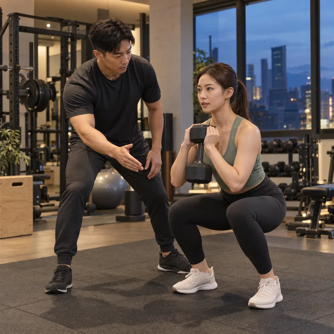 A trainer guiding a client through a squat during a one-to-one session