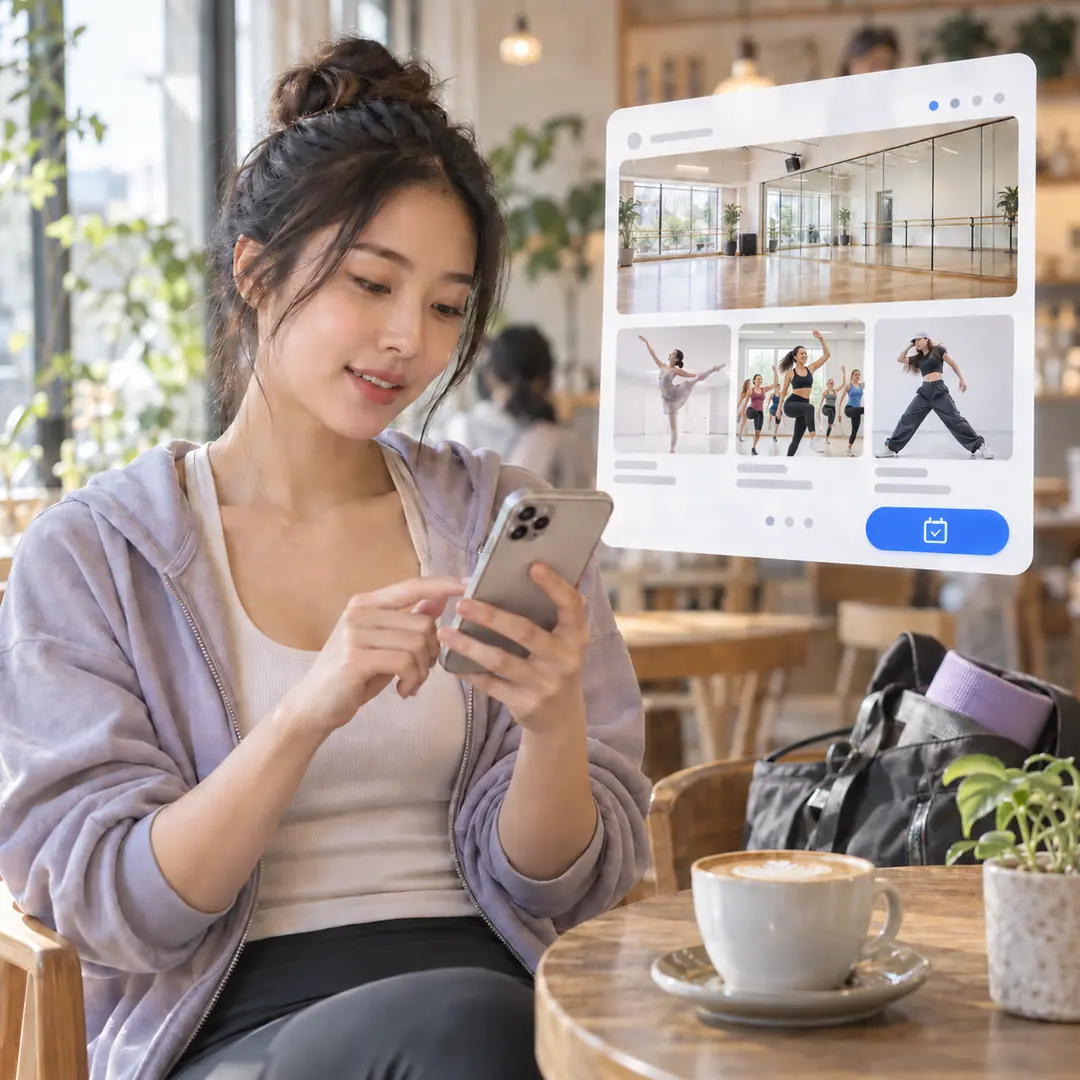 A member browsing class times on her phone at a café table