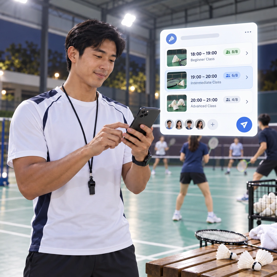 A coach checking the class schedule on his phone beside the courts