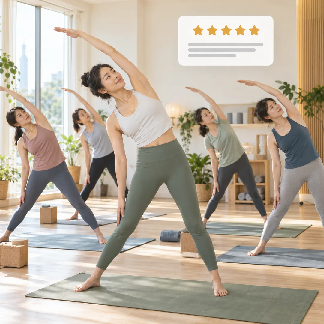 A group yoga class in progress, with a star rating card alongside