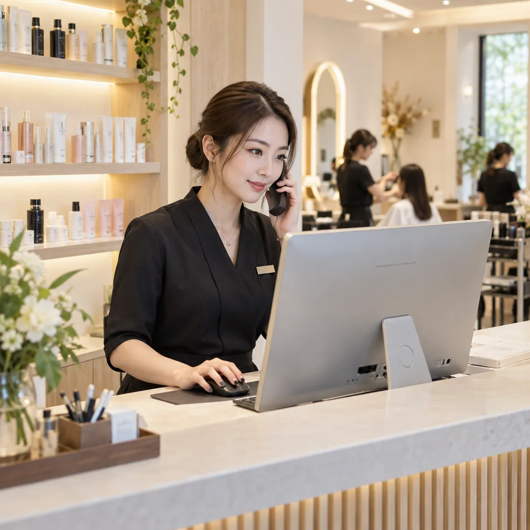 A receptionist managing customer records at a salon front desk