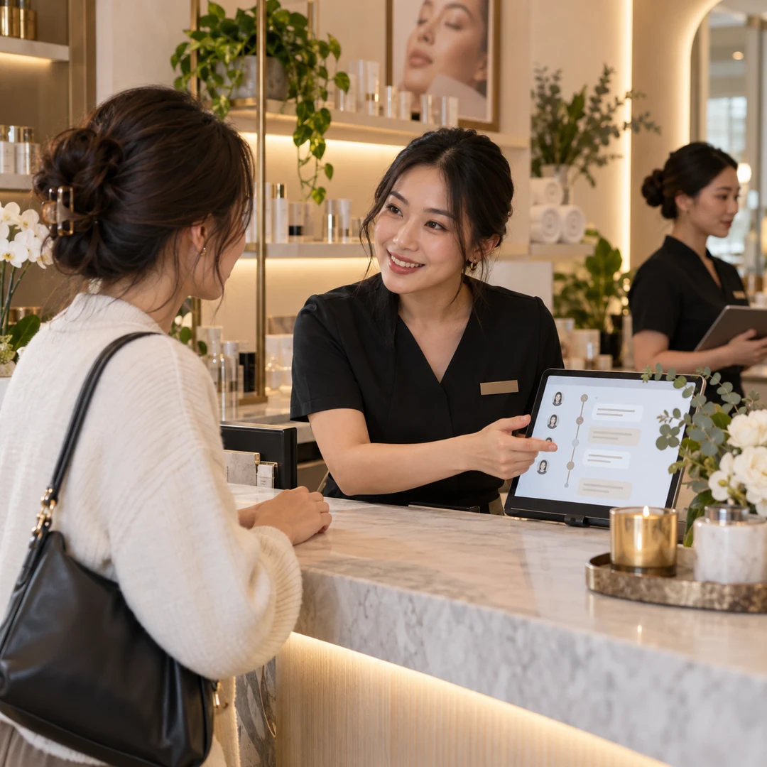 A customer speaking with staff at a salon counter