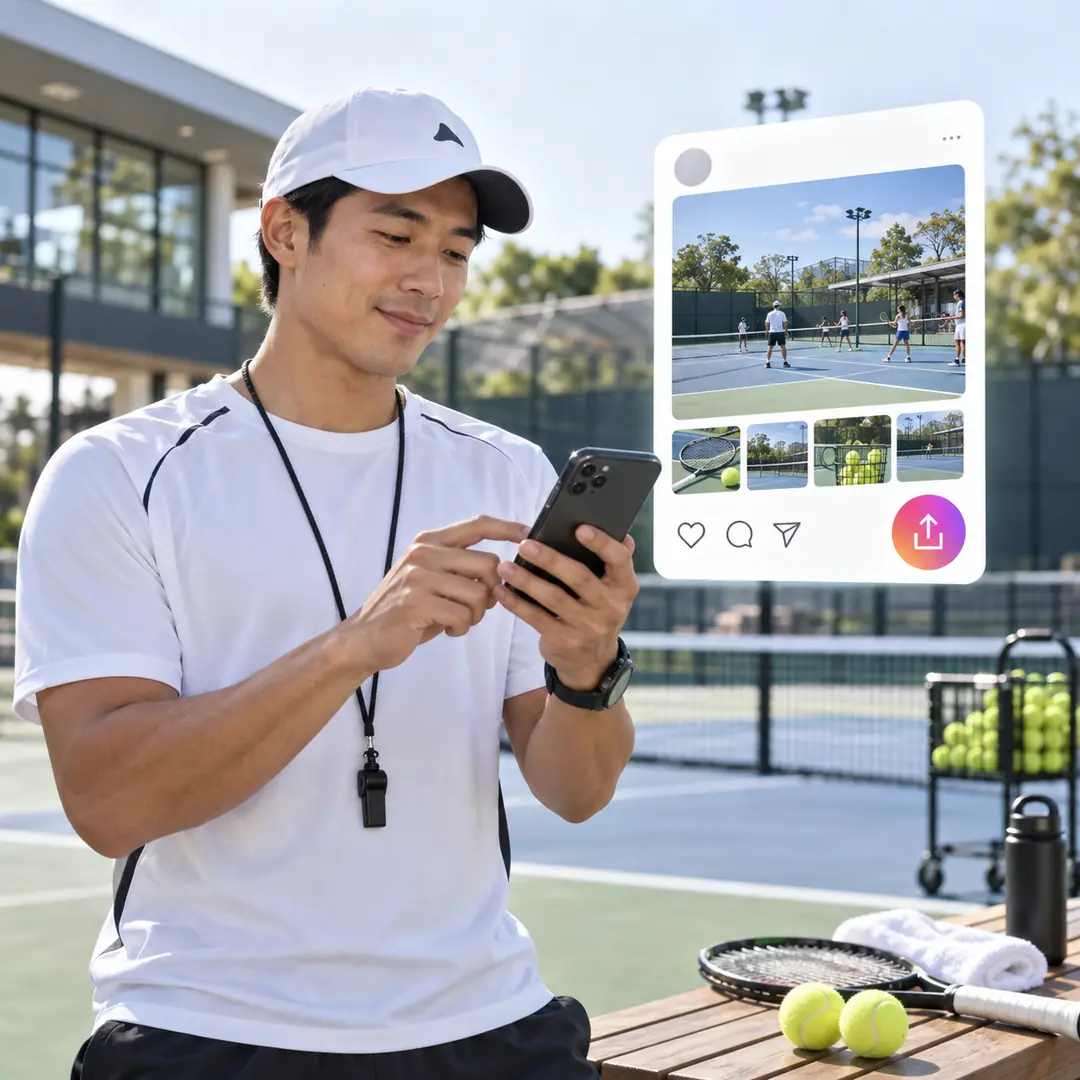 A coach on a tennis court using his phone, with a social post panel alongside