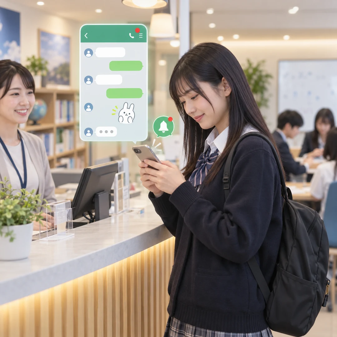 A customer messaging on her phone at the front desk, with a chat panel alongside