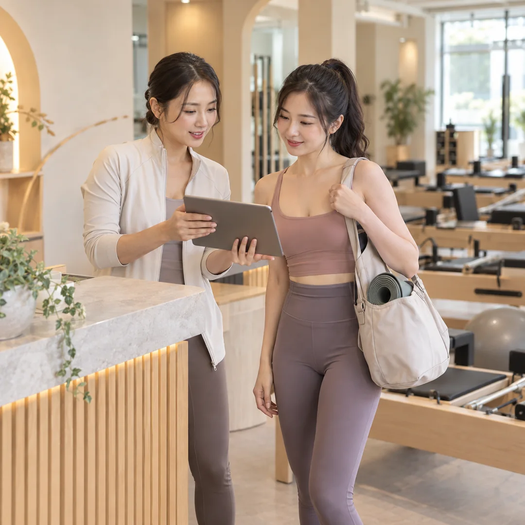 A staff member showing membership options on a tablet to a member