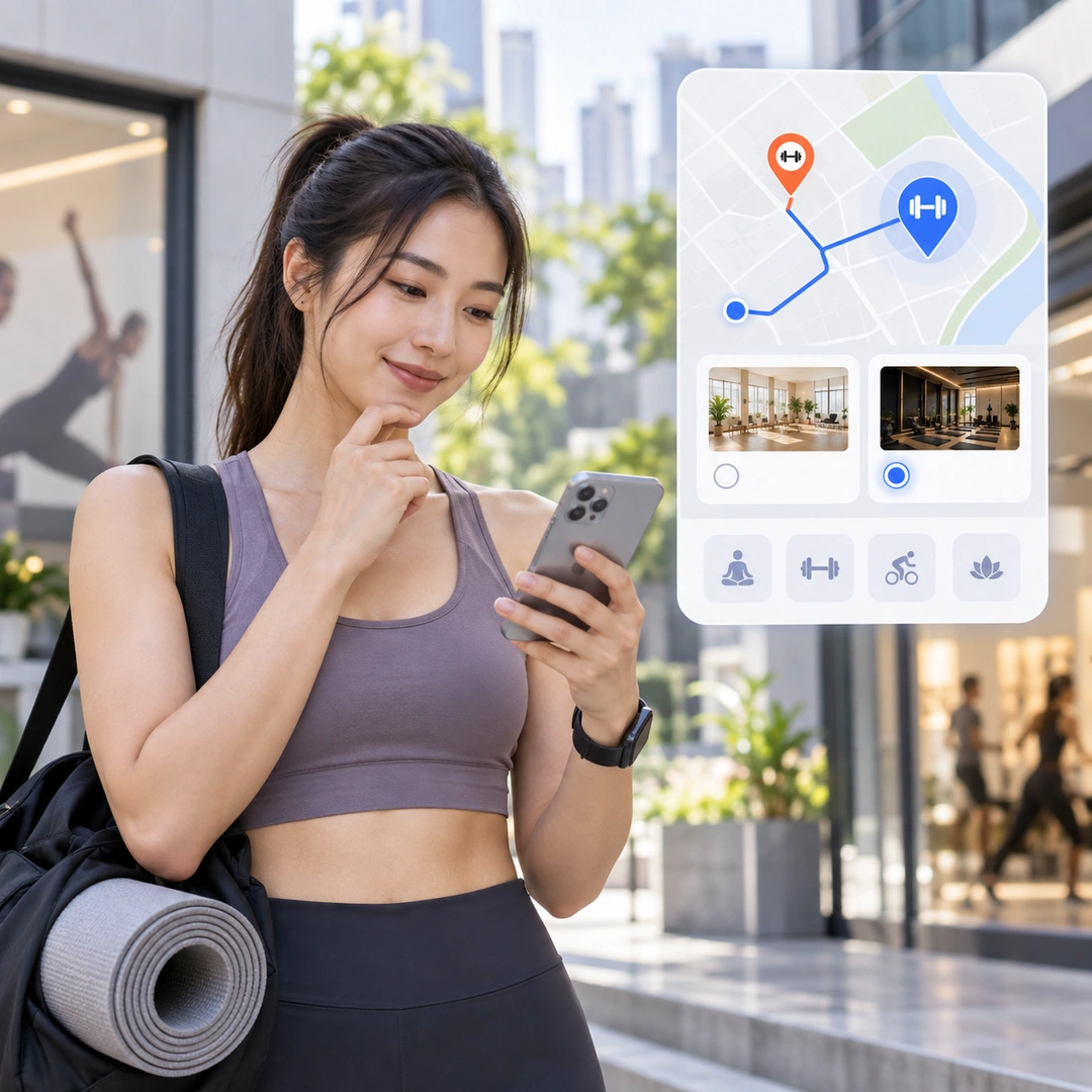 A member checking studio locations on her phone, with a map panel alongside