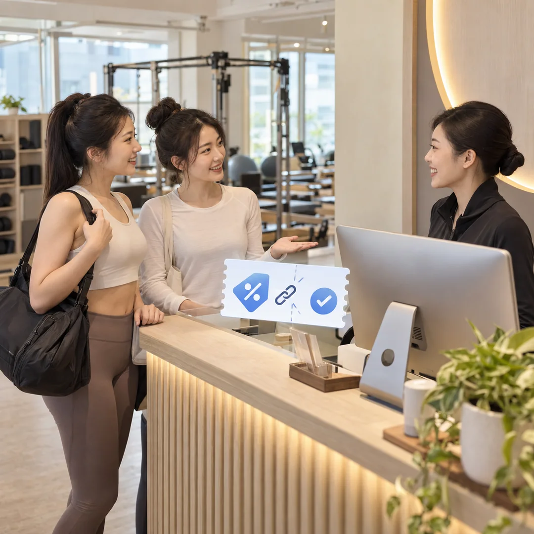 Two members at the counter with a staff member, with a referral panel alongside