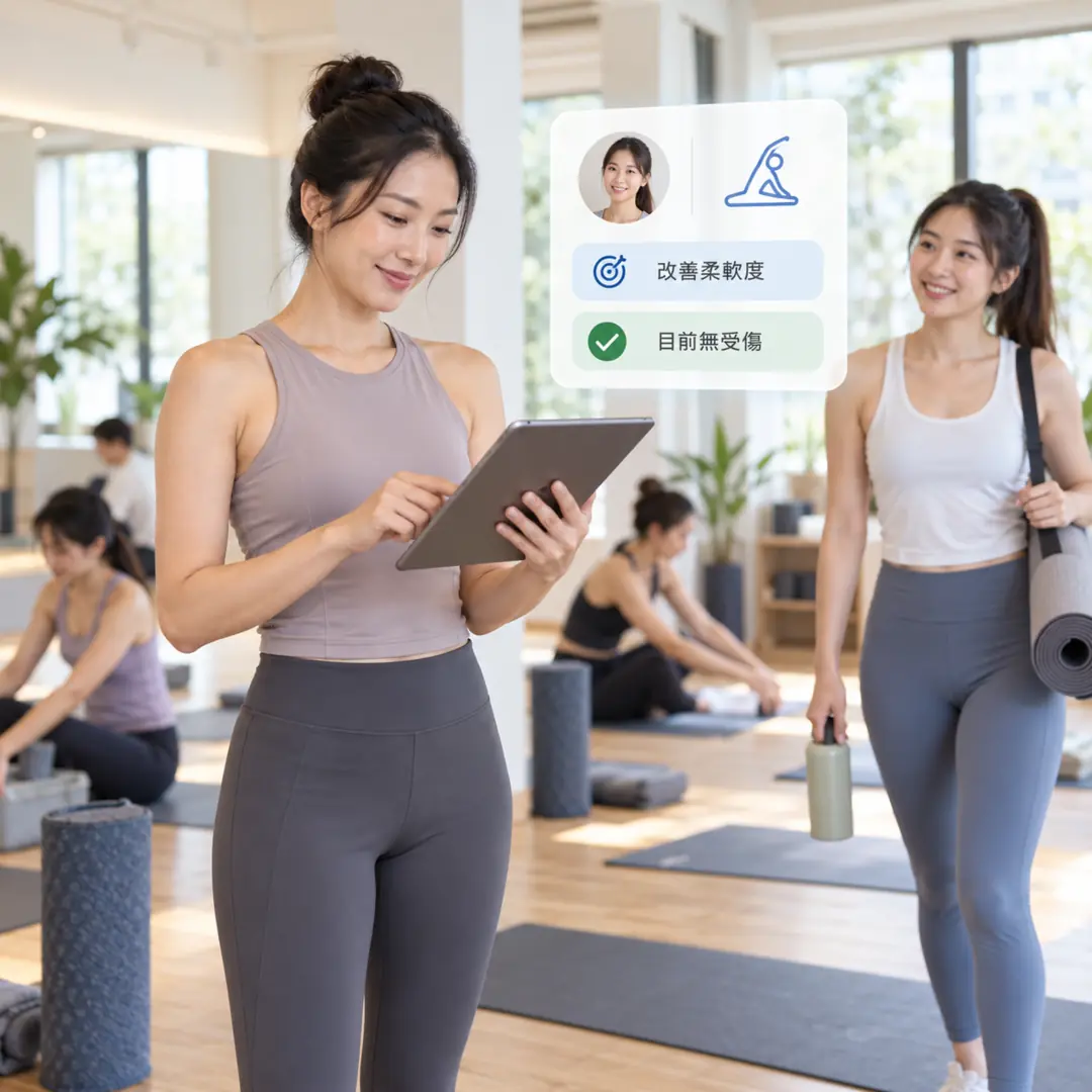 An instructor checking a new member's intake answers on a tablet, with a member arriving behind her
