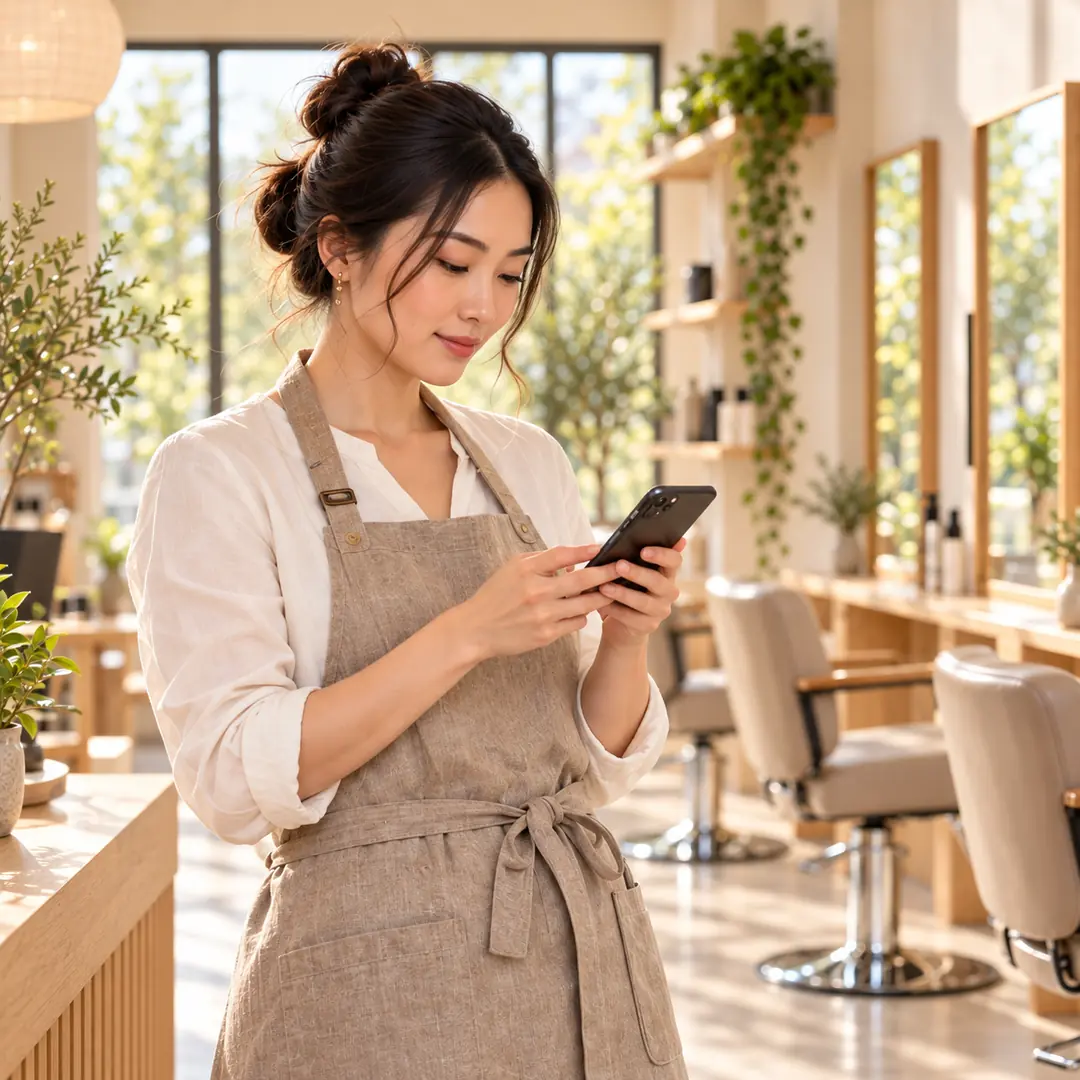 A salon owner sending reminders from her phone