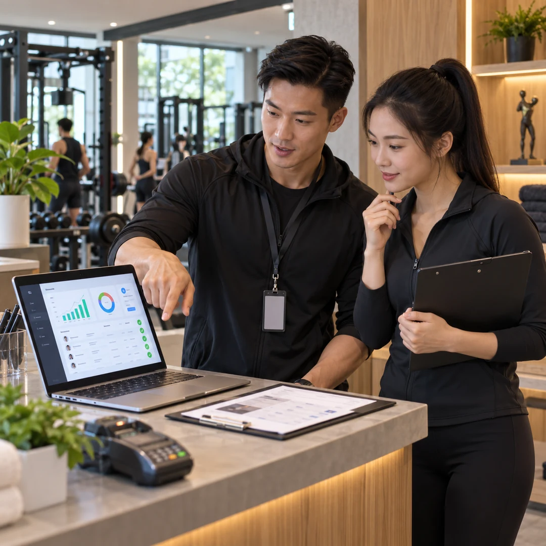 Two staff members reviewing sales figures on a laptop at the counter