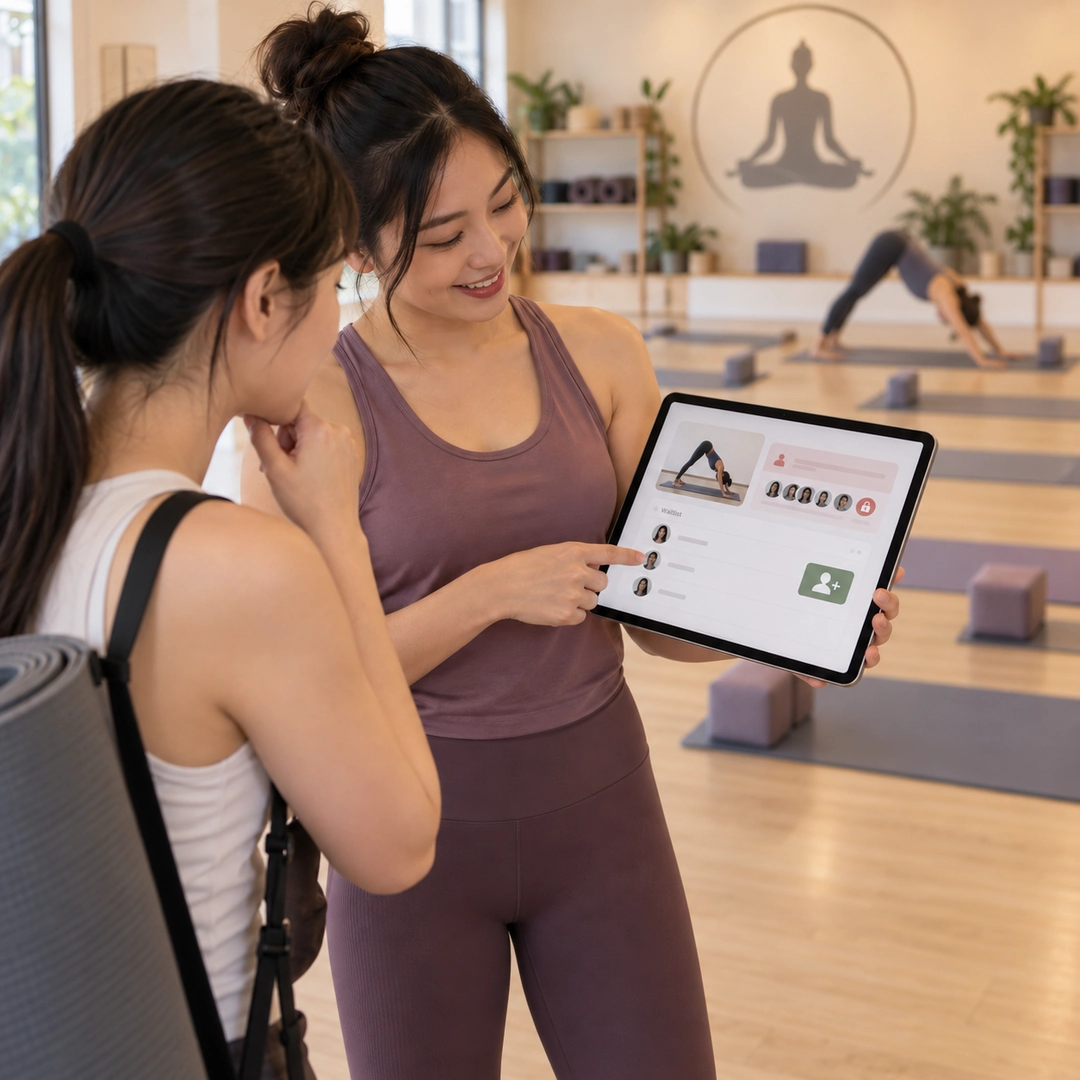 Two members looking at class availability on a tablet in the studio