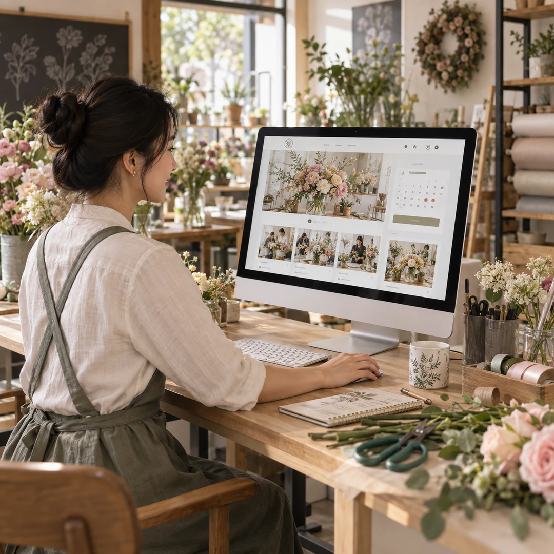 A shop owner viewing her website on a desktop screen in her studio