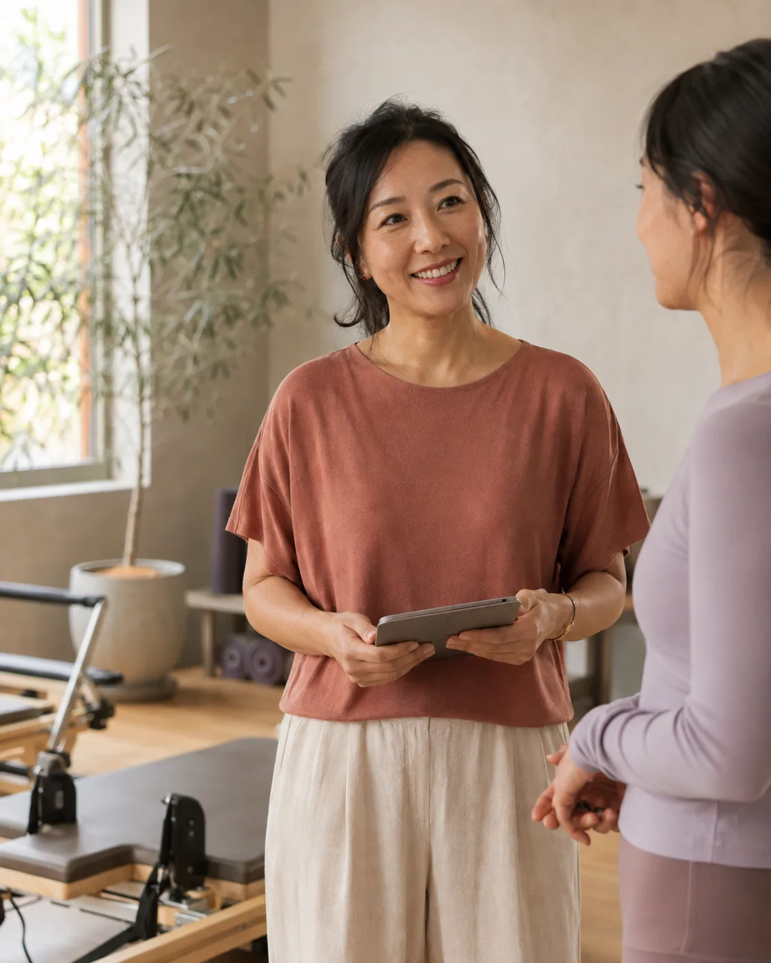 An illustrative studio scene: an owner holding a tablet and talking warmly with an instructor in a sunlit Pilates studio.