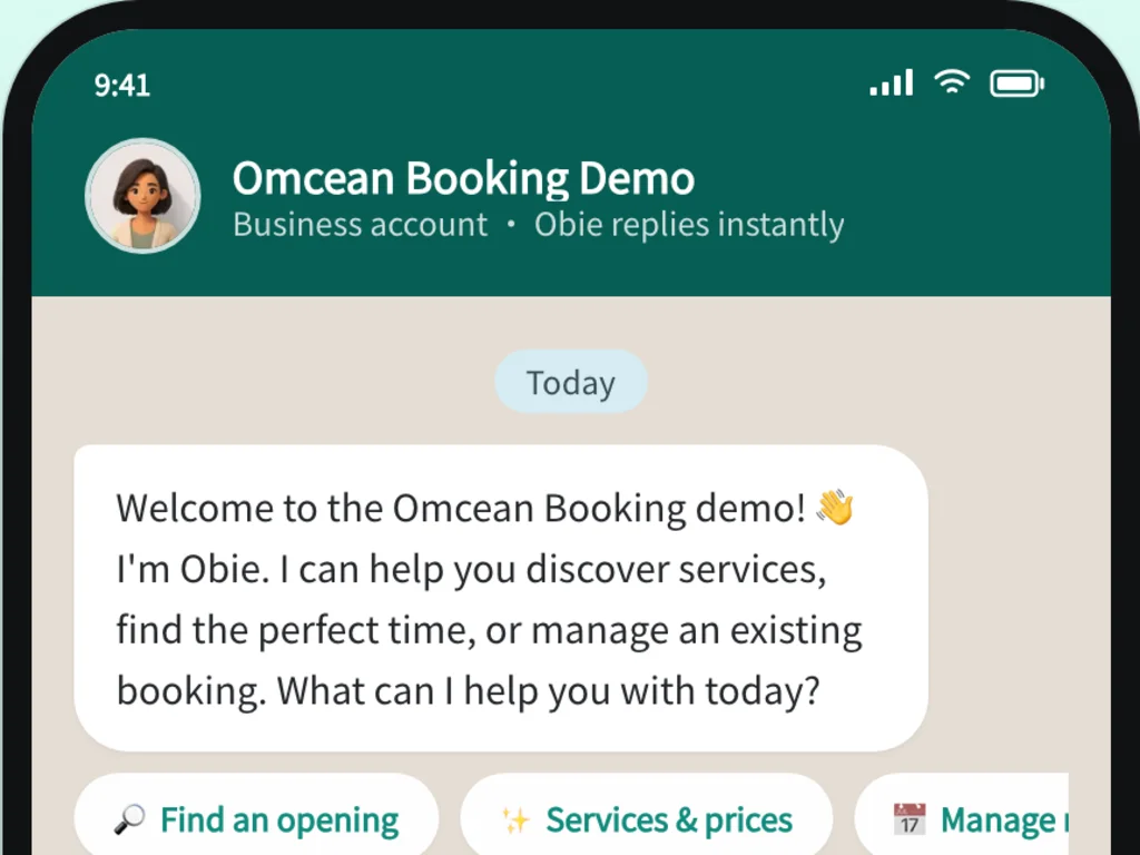 A WhatsApp conversation where Obie offers available times as quick replies