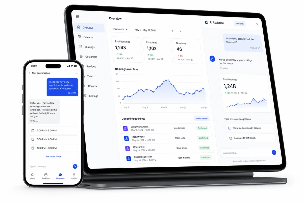 Omcean Booking dashboard with AI-generated booking insights, charts, and suggested actions