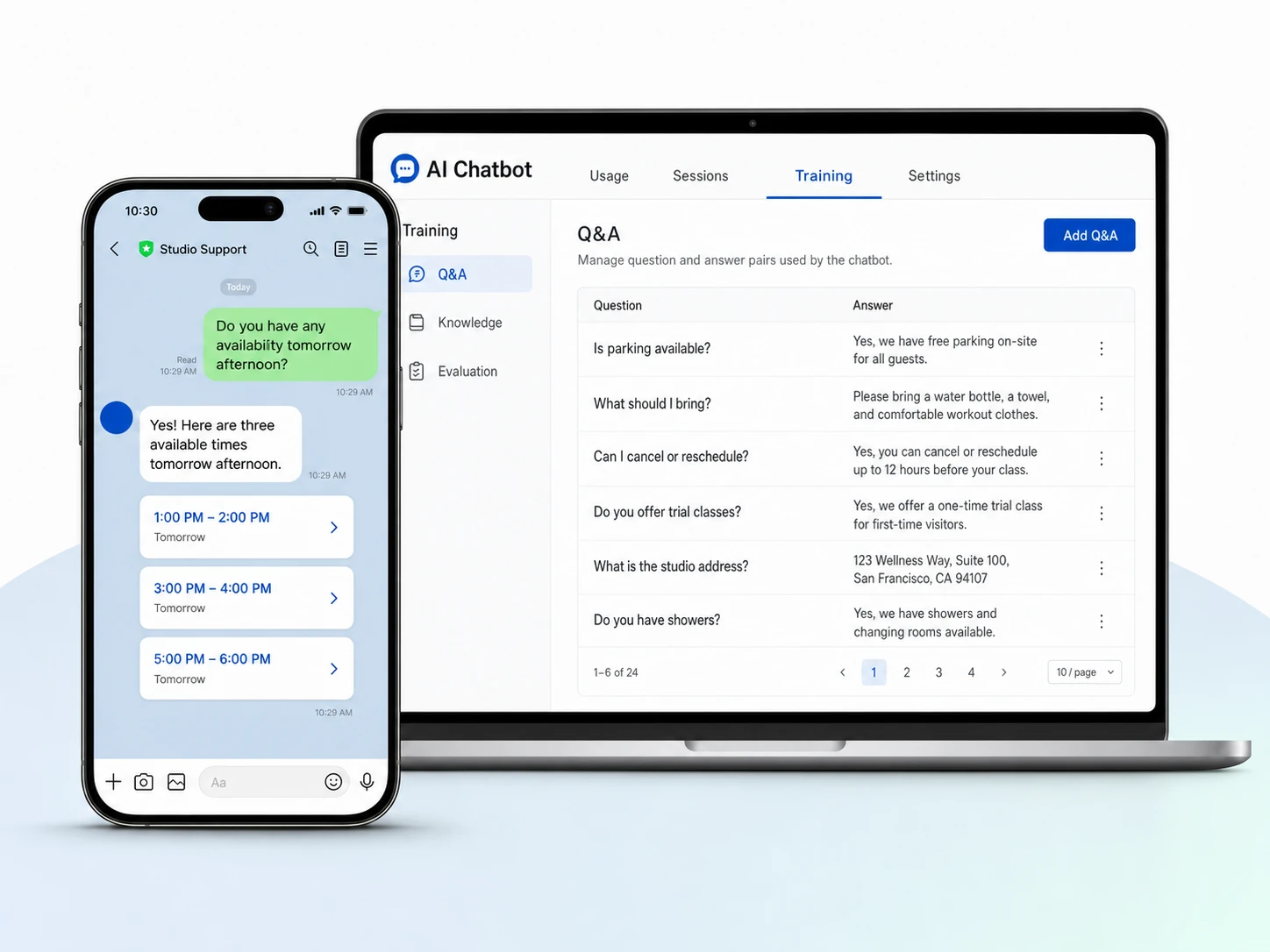 AI Chatbot Q&A training beside a LINE conversation showing bookable appointment times